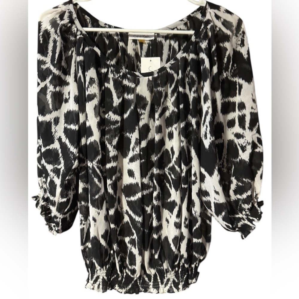 Women’s Calvin Klein Floral Blouse Short Sleeve Chiffon Semi Sheer Size Small